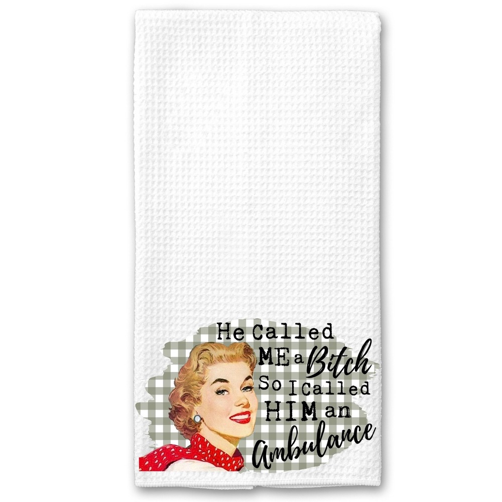 Funny Retro Waffle Weave Kitchen Towel Sarcastic Vintage Woman Graphic White
